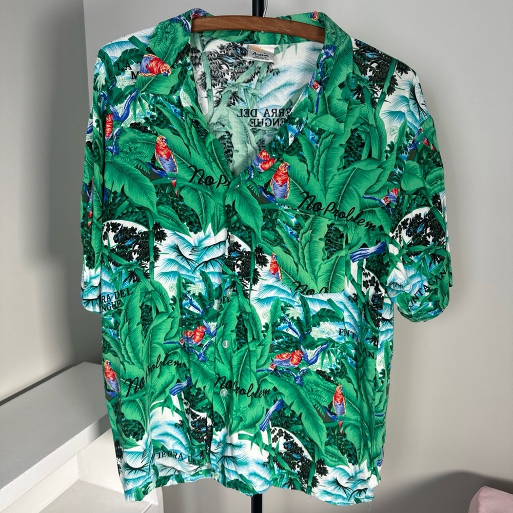 Made In Dominican Republic Tropical Shirt Green Floral VTG Mens  M/L 100% Cotton